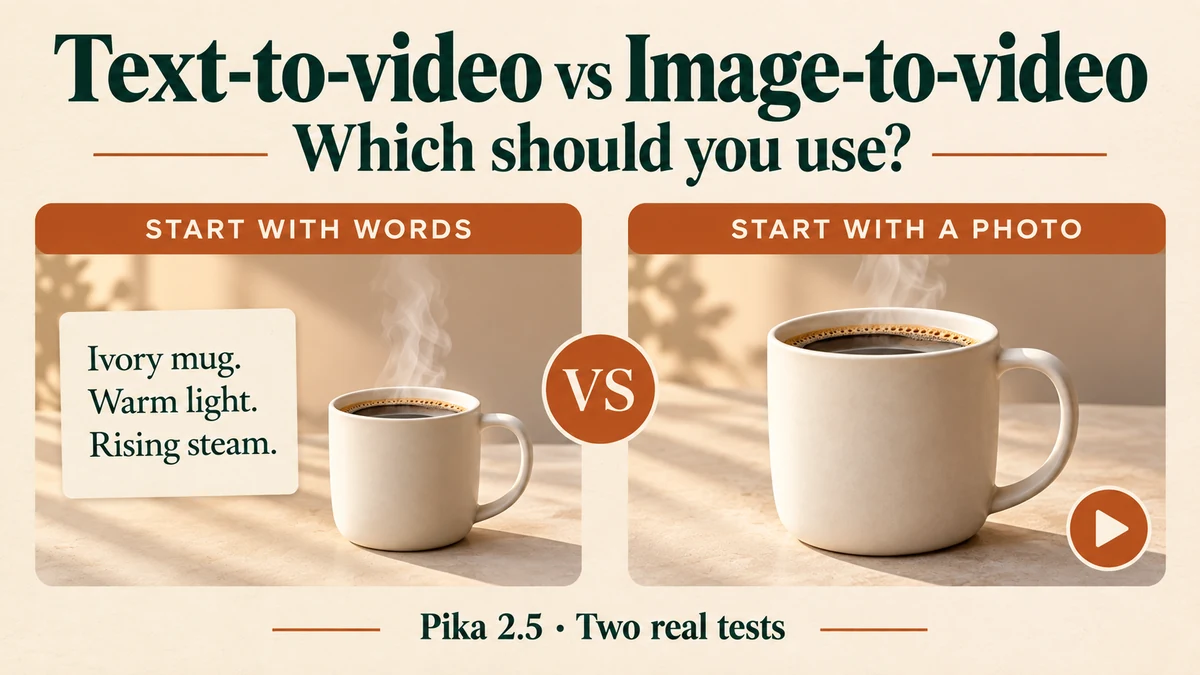 Text-to-video vs image-to-video: start with words or a photo, with our coffee-mug example