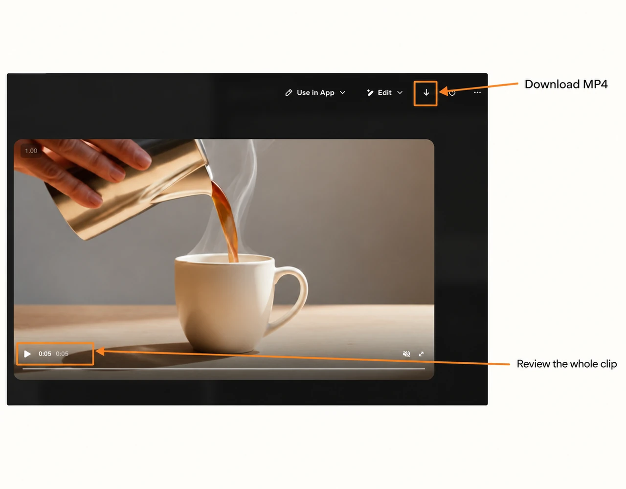 Annotated download arrow and video playback timeline