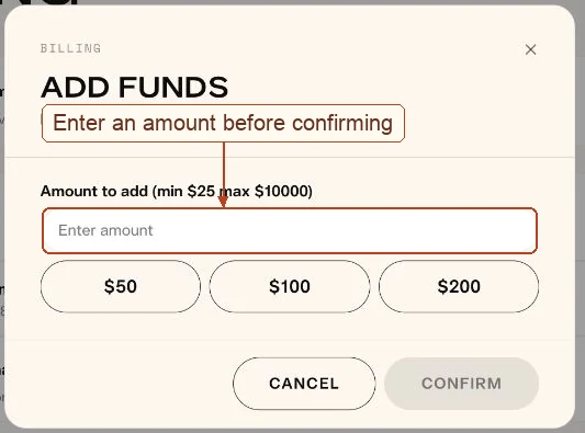 Add funds dialog with the amount field highlighted