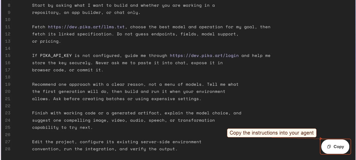 Agent onboarding instructions with the Copy button highlighted