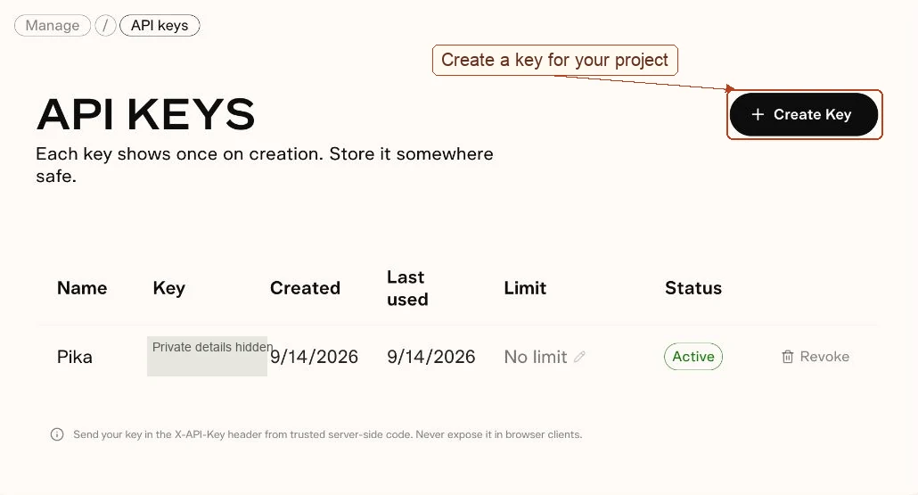 API keys table with Create Key highlighted and the existing key text hidden