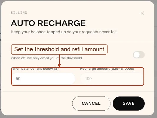 Auto recharge form showing the threshold and refill amount fields
