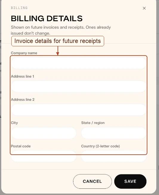 Billing details form showing company and address fields