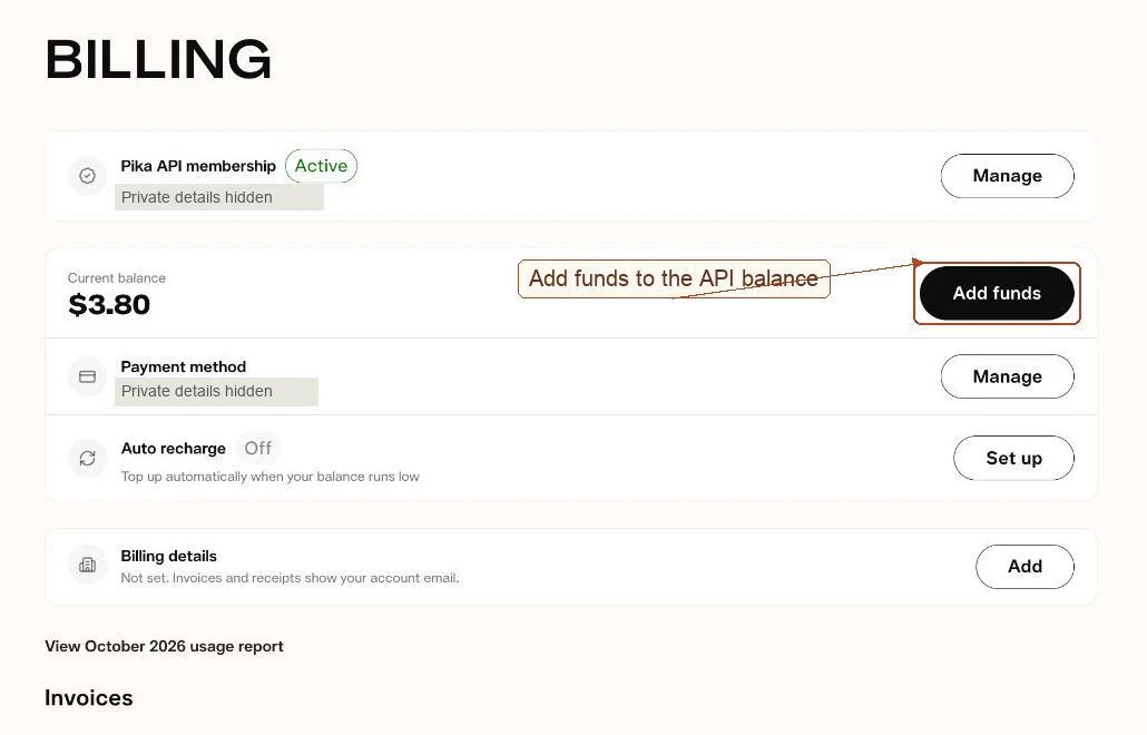 Billing dashboard with Add funds highlighted and payment details covered