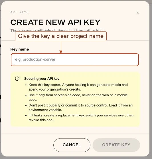 Create new API key dialog with the key name field highlighted