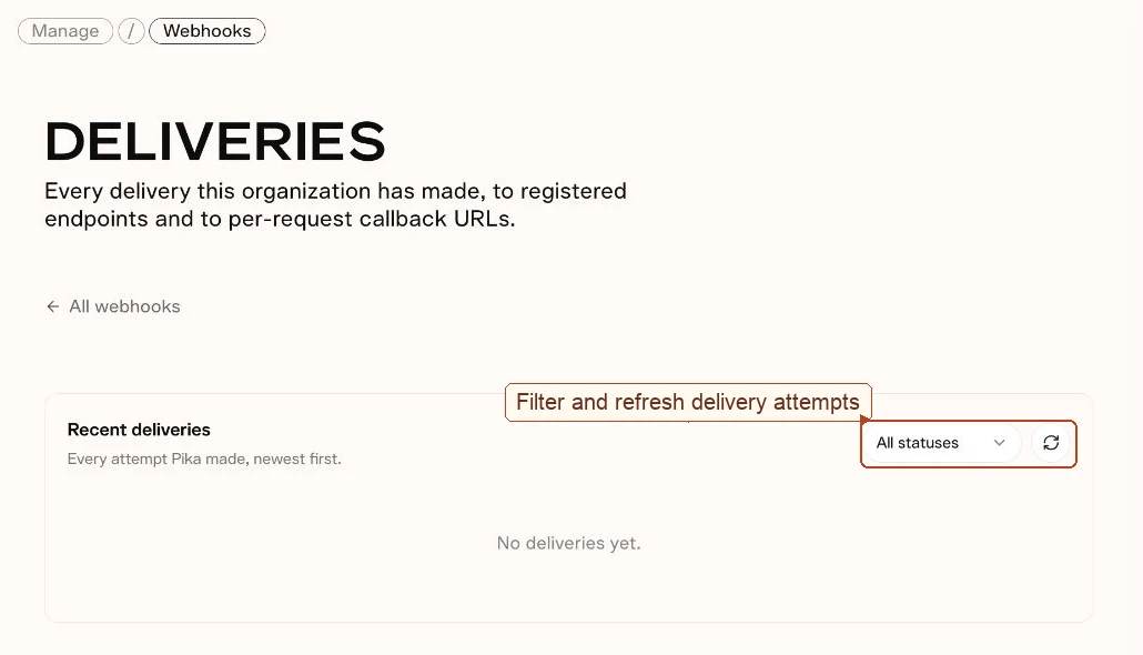 Webhook deliveries page with its status filter and refresh control highlighted