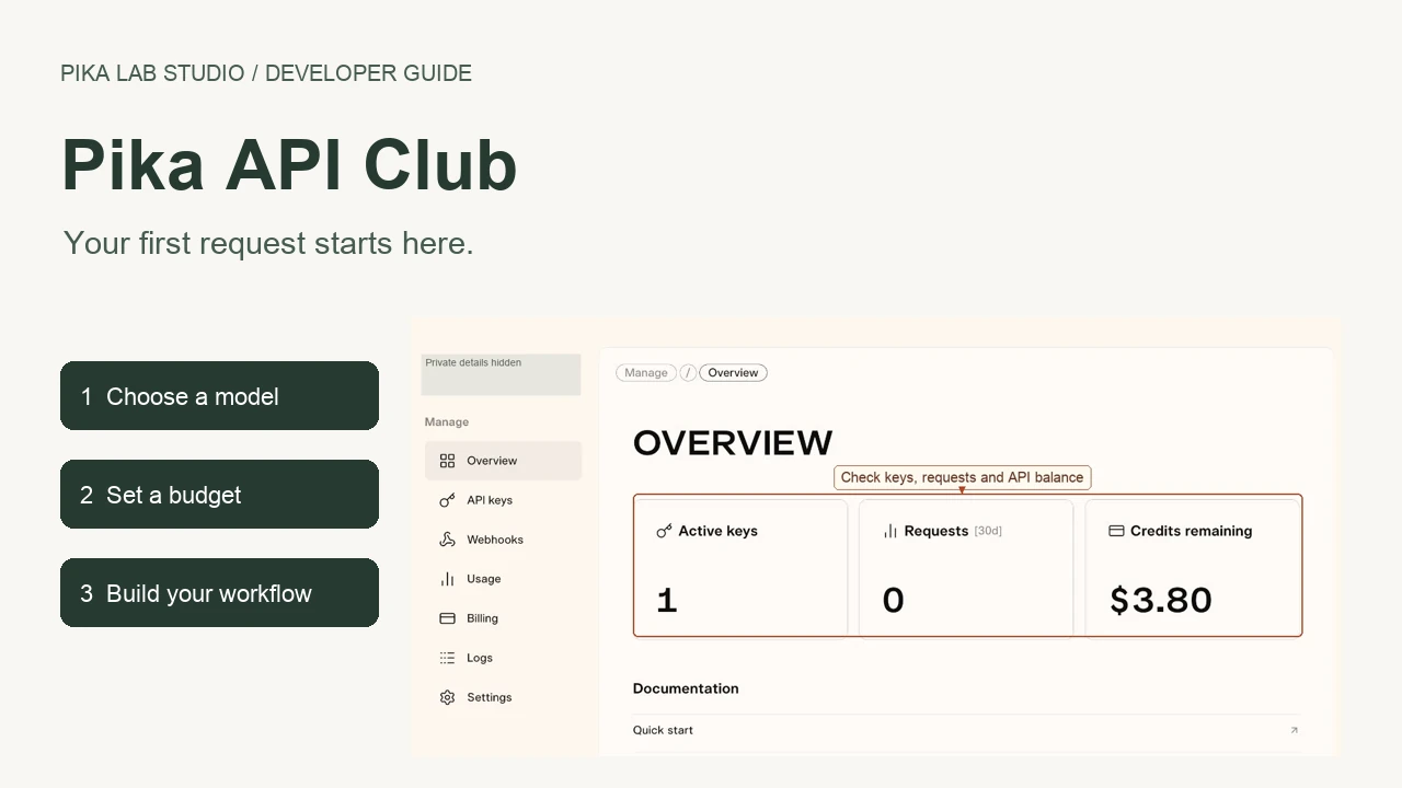 Pika API Club dashboard with three steps: choose a model, set a budget and build your workflow