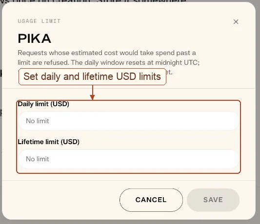 API key spending limit dialog with daily and lifetime dollar fields