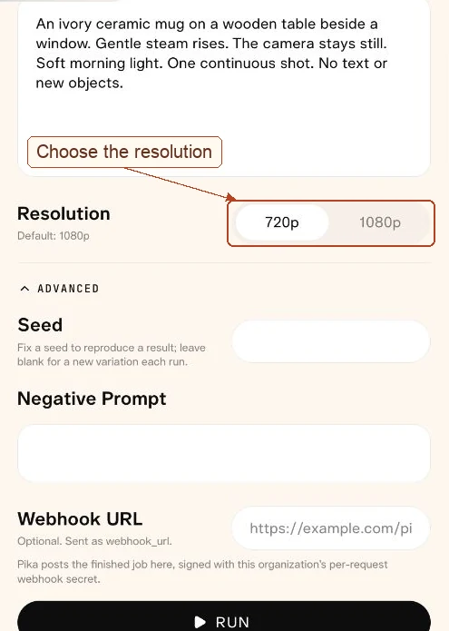 Pika 2.5 playground with our mug prompt, resolution, seed, negative prompt and webhook URL