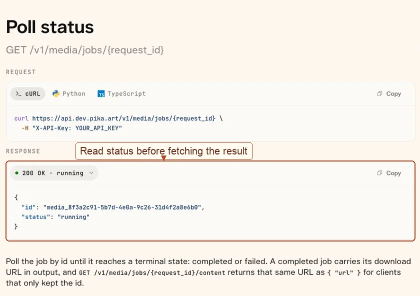 Job polling reference with the response status highlighted