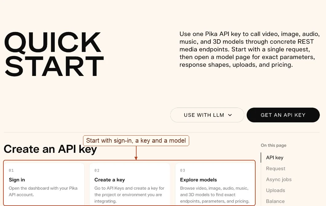 Pika API Quick Start with sign-in, API key and model selection steps