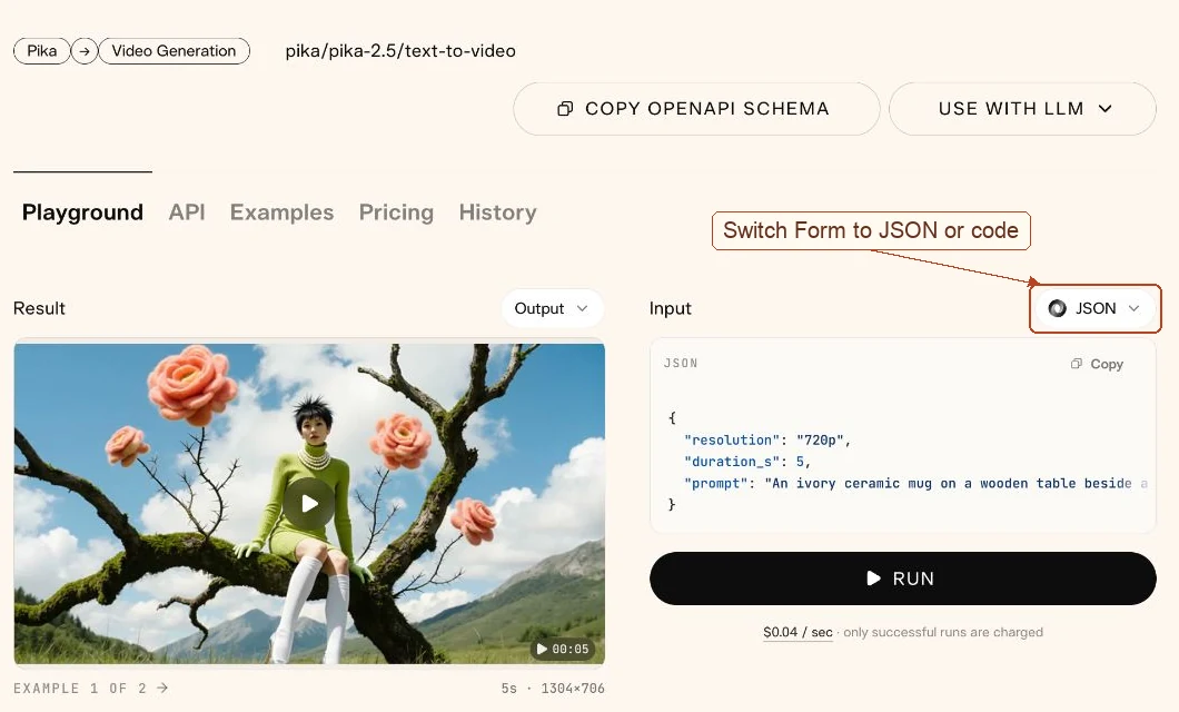 Pika 2.5 request view showing JSON beside a vendor example