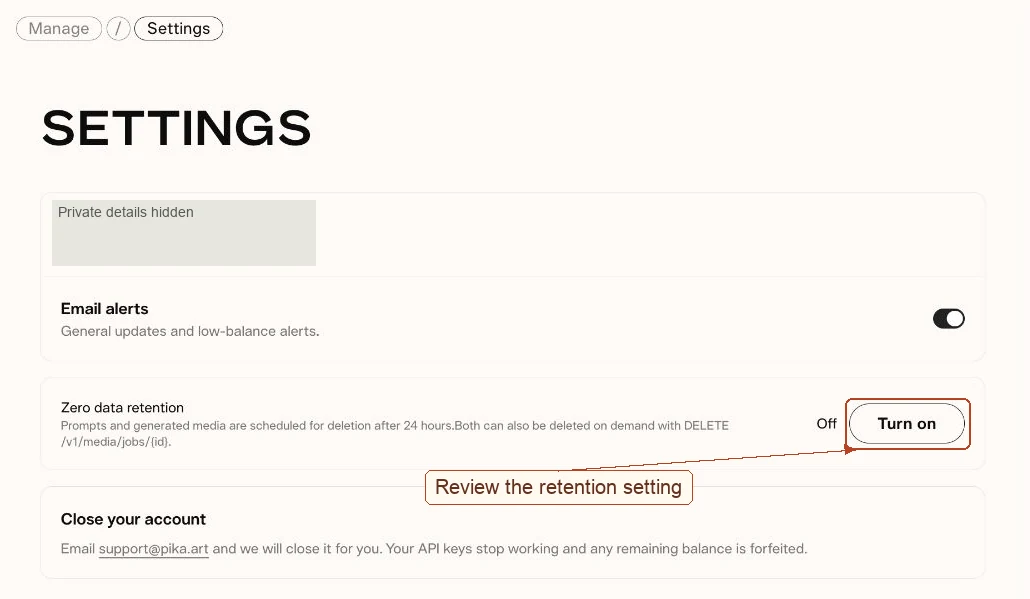 Settings page with private identity covered and the retention control highlighted