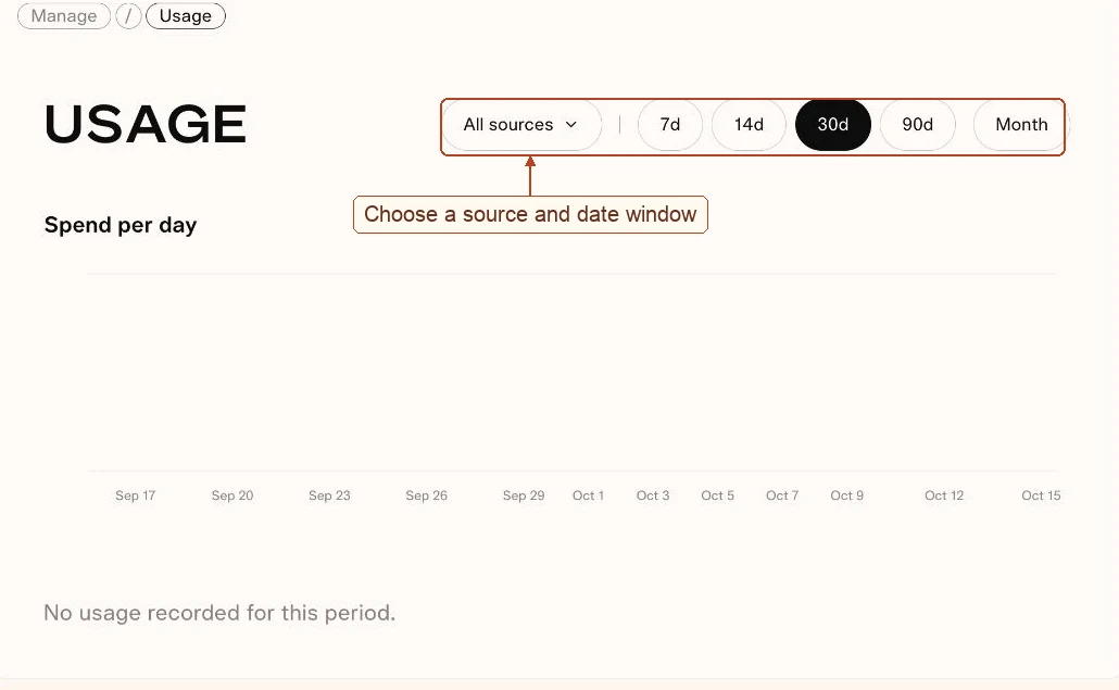 Usage page highlighting source selection and date filters