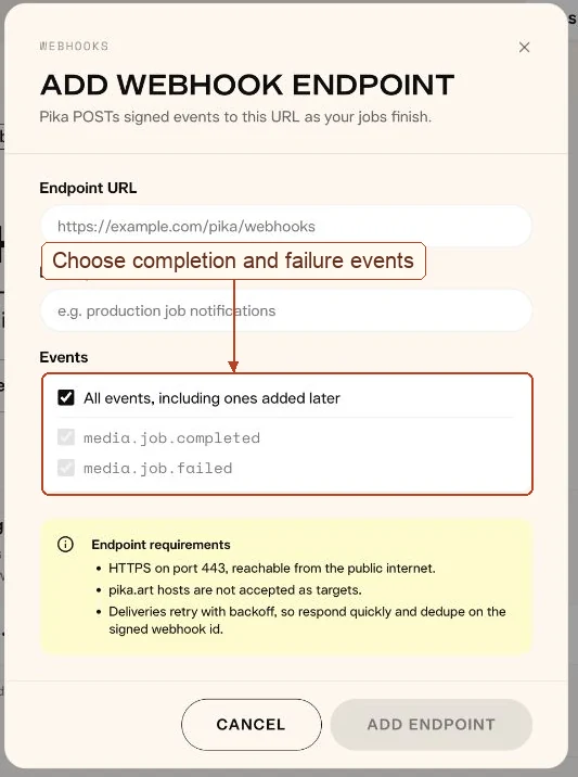 Add webhook endpoint form with completion and failure events highlighted