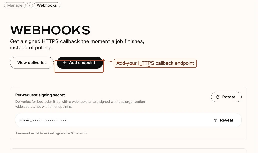 Webhooks dashboard with Add endpoint highlighted