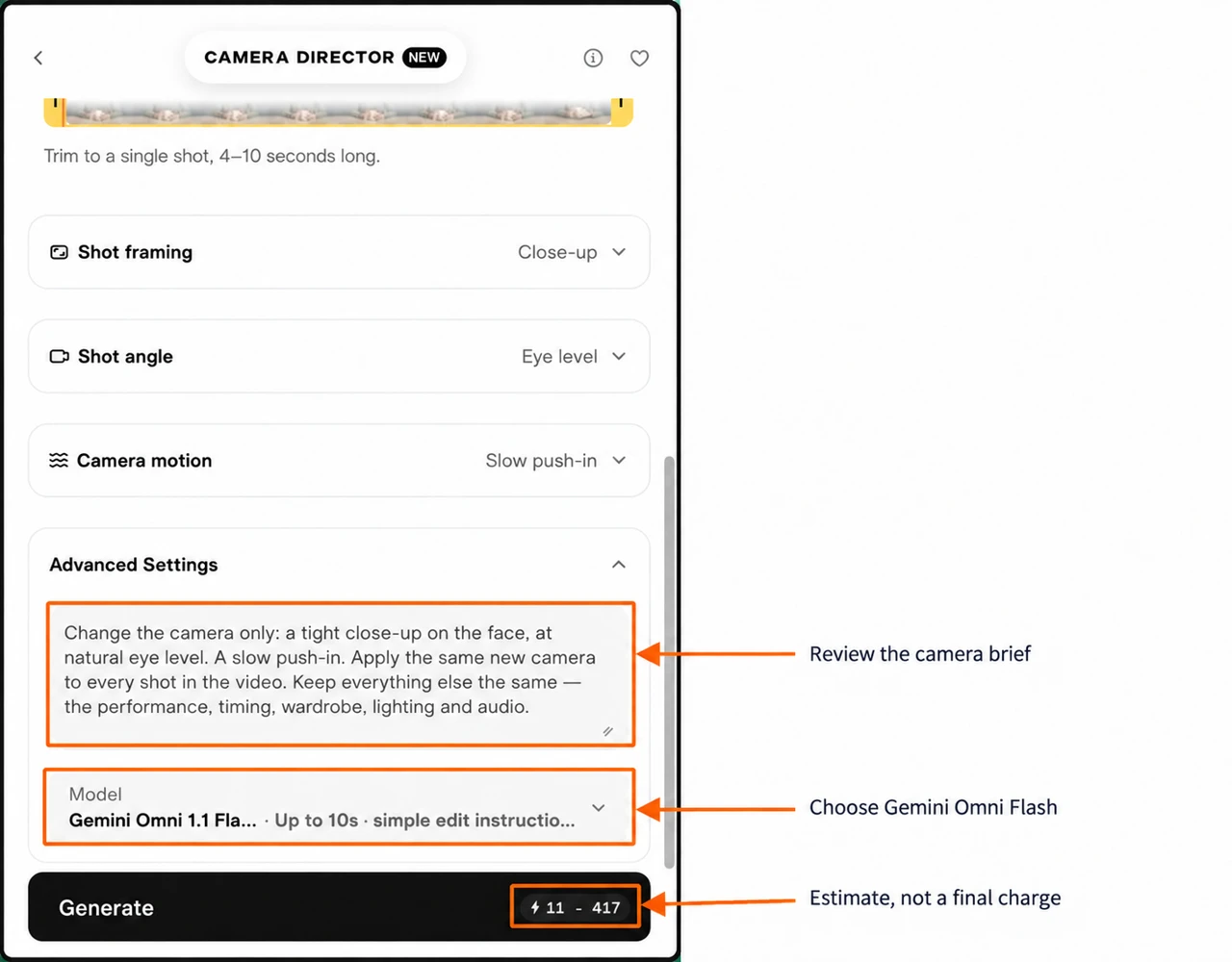 Annotated camera brief, Gemini Omni Flash model menu and generation estimate