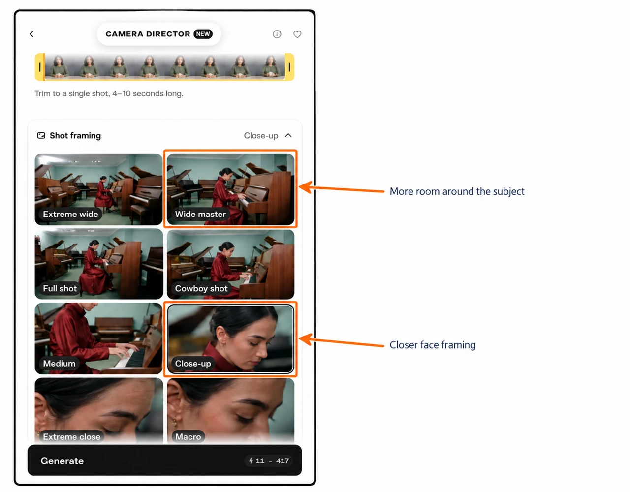 Annotated Wide master and selected Close-up framing cards