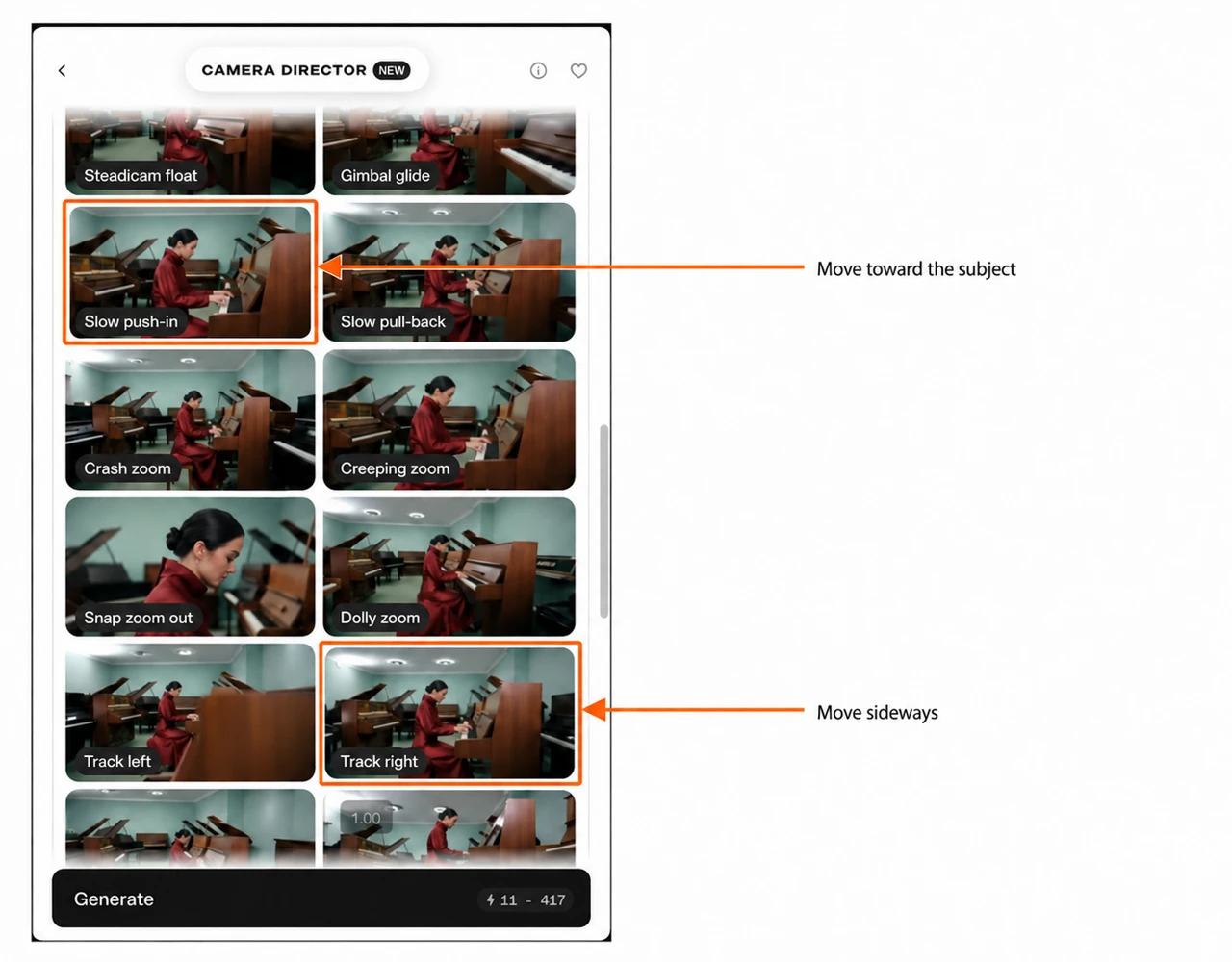 Annotated Slow push-in and Track right movement cards