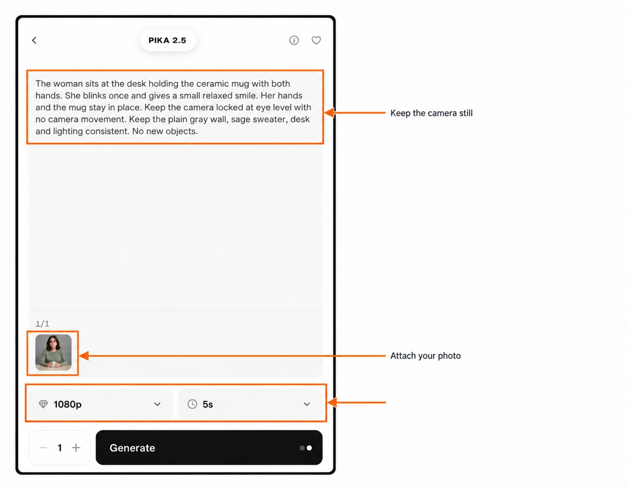 Annotated Pika 2.5 prompt, attached portrait, 1080p and five-second settings