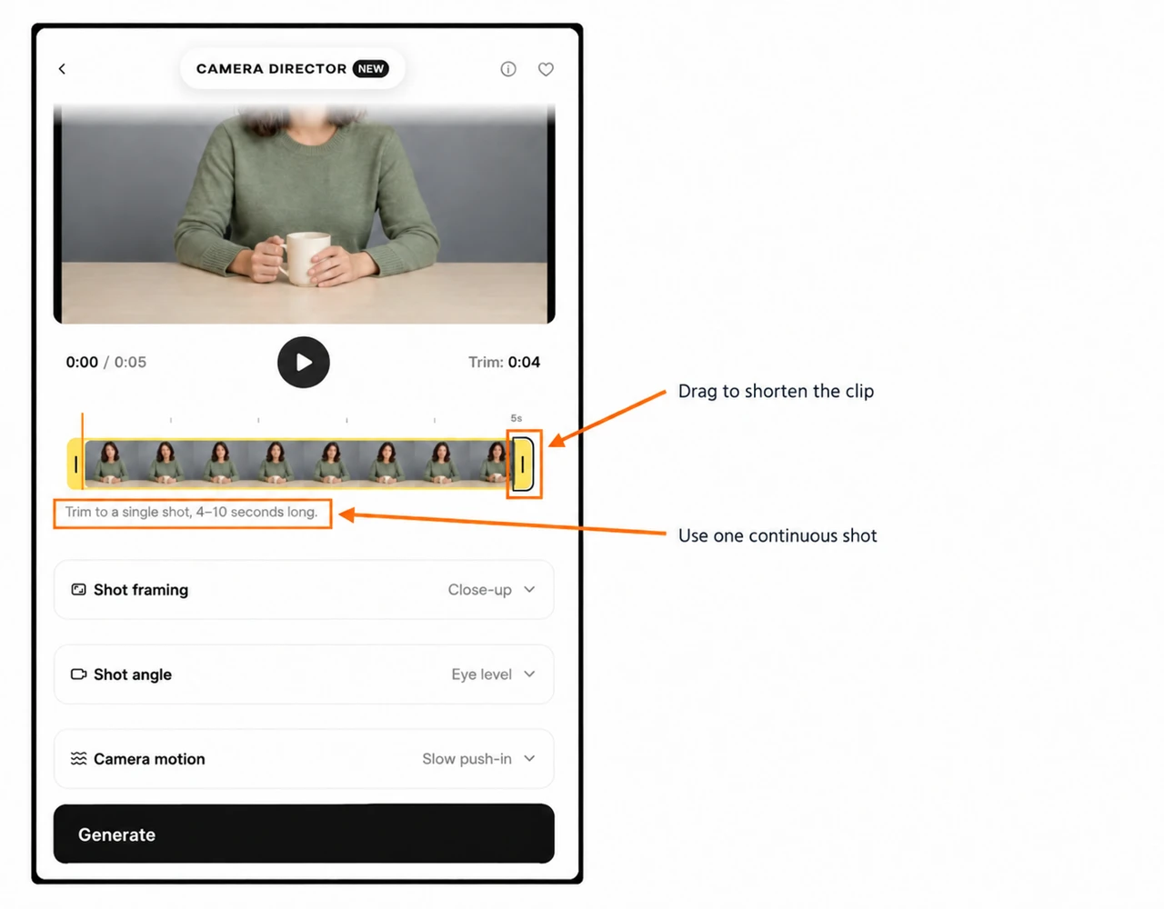 Annotated yellow timeline handles and the four-to-ten-second trim note