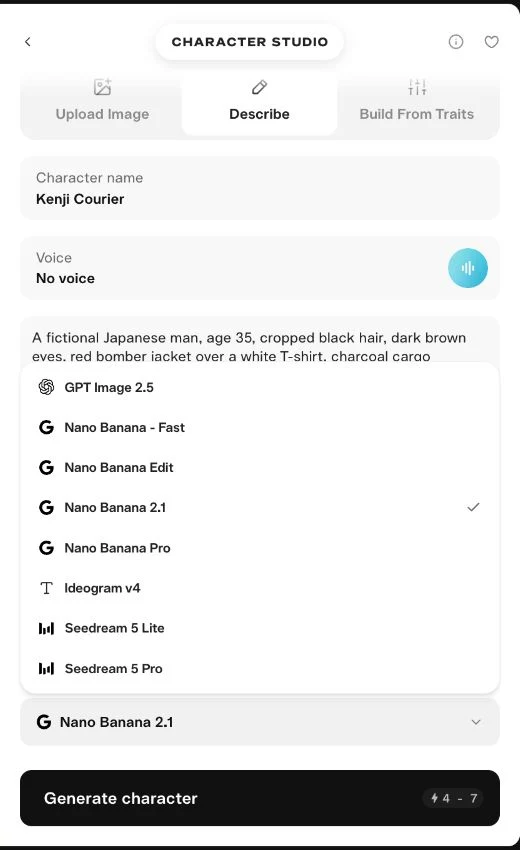 Actual Character Studio image-model menu