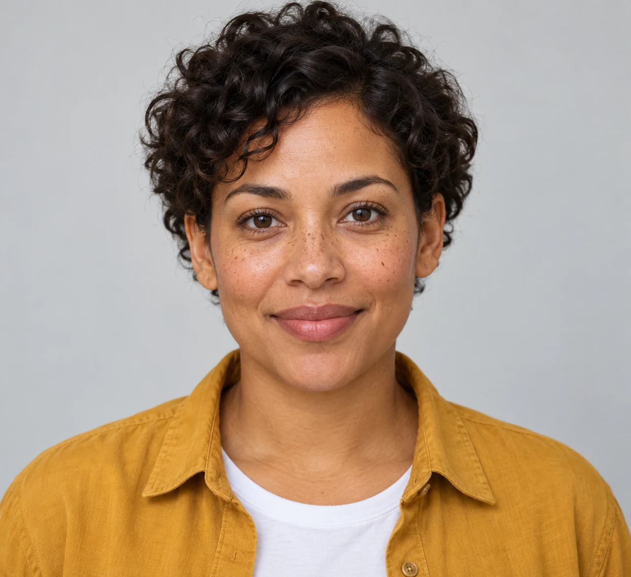 Our fictional curly-haired woman in a mustard overshirt
