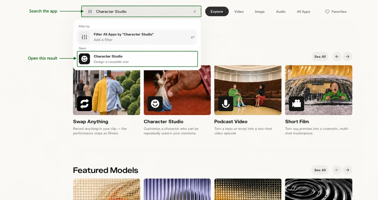 Real Create search with Character Studio result marked