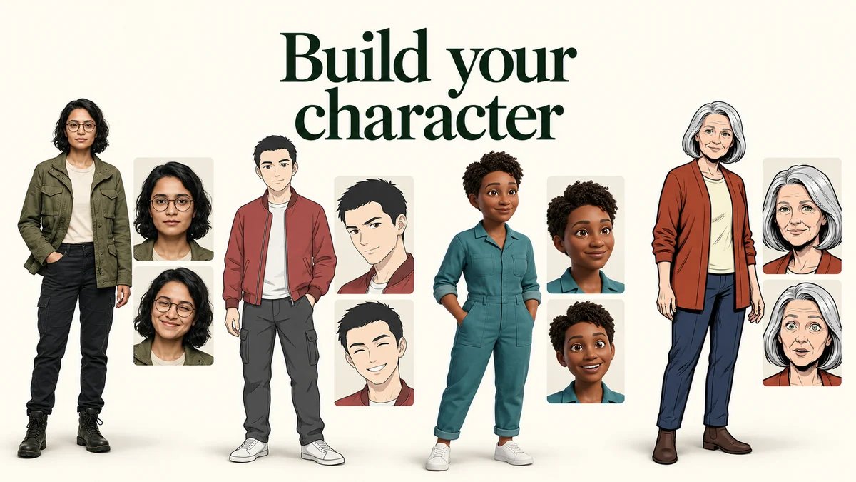 Four tested fictional characters in realistic, anime, 3D and comic styles with the words Build your character