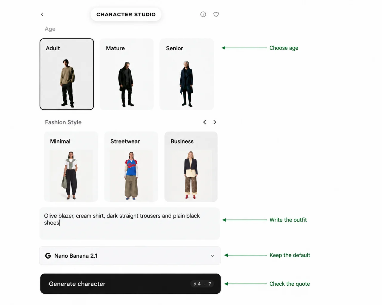 Annotated age, custom clothing, default model and quote