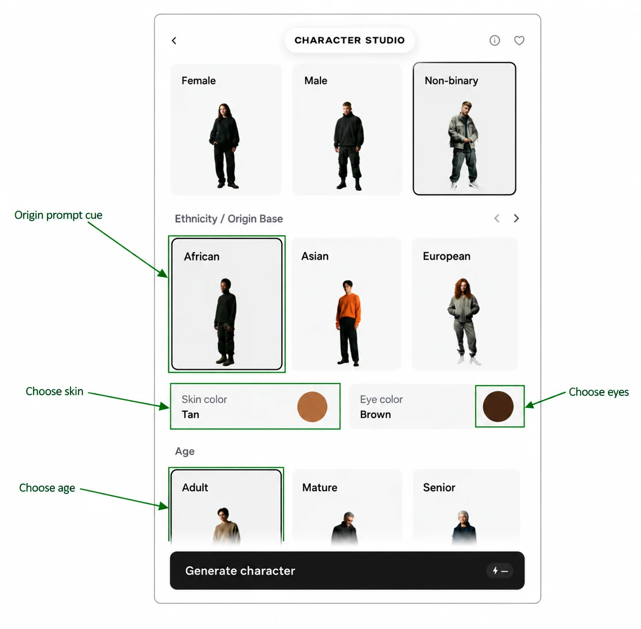 Real origin, skin color, eye color and age controls with small labels