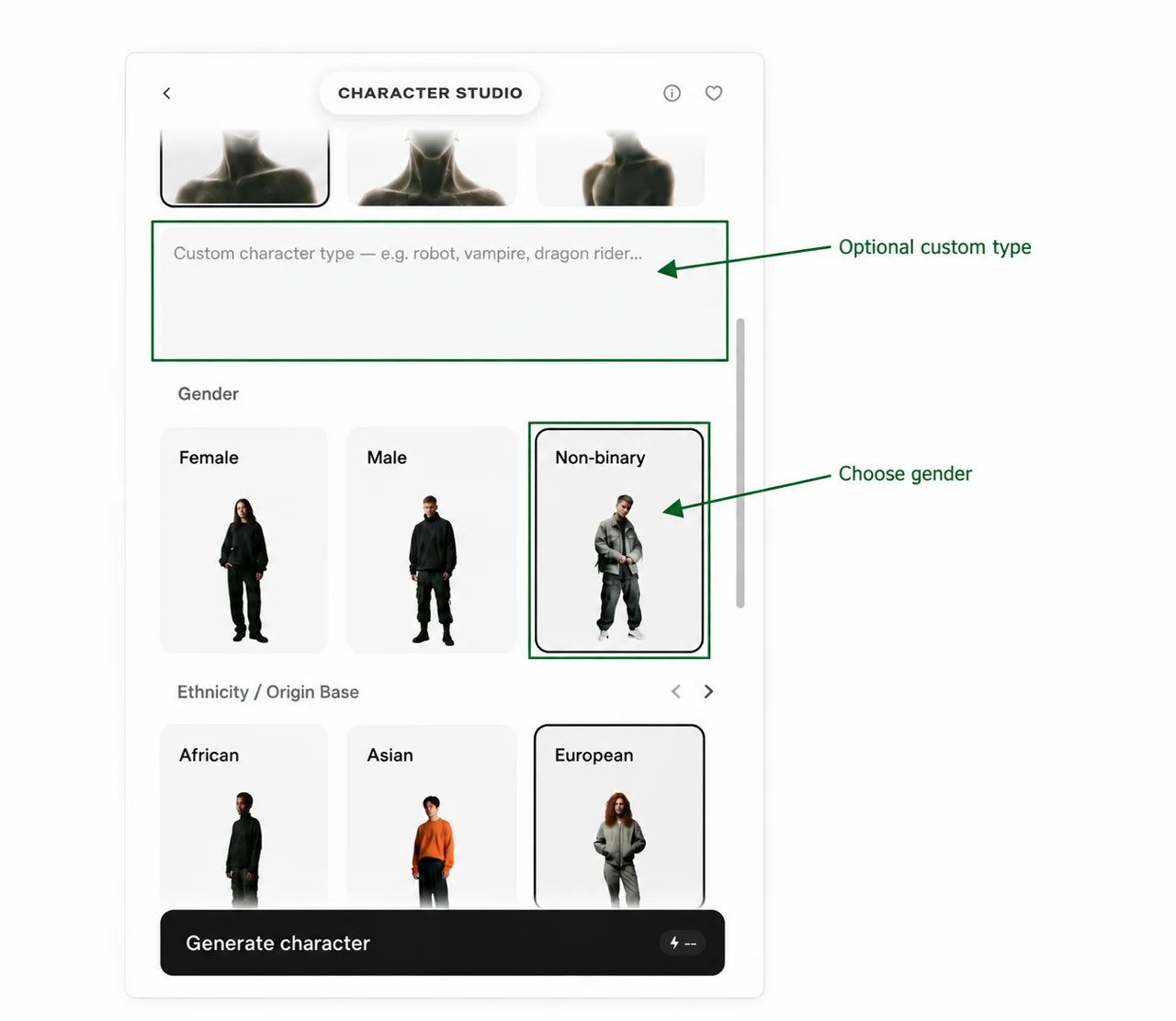 Annotated real custom type and gender cards with Non-binary selected