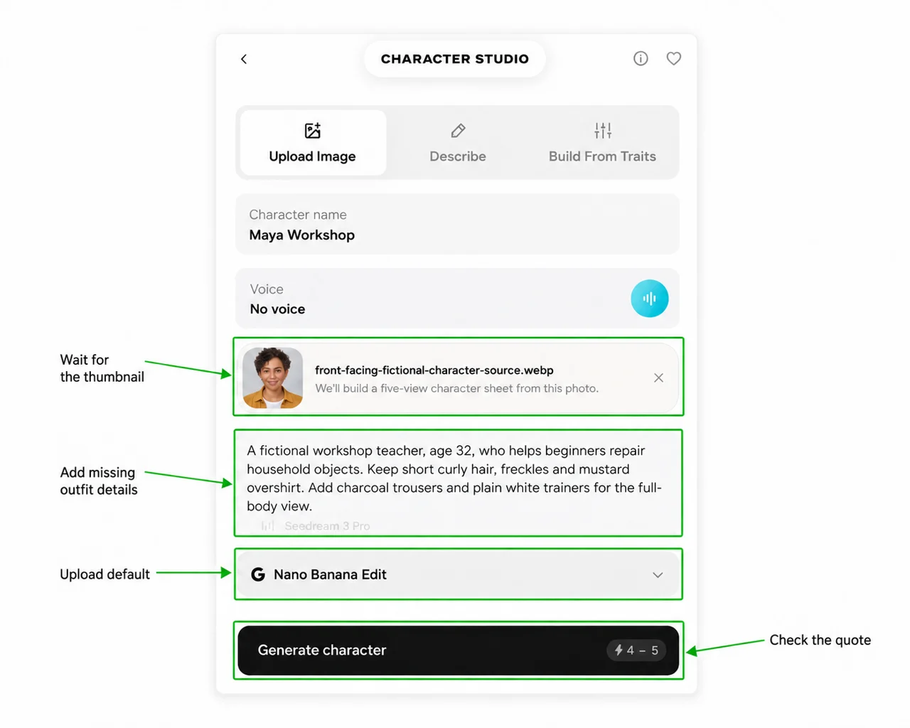 Annotated real upload form with portrait, story, Nano Banana Edit and quote