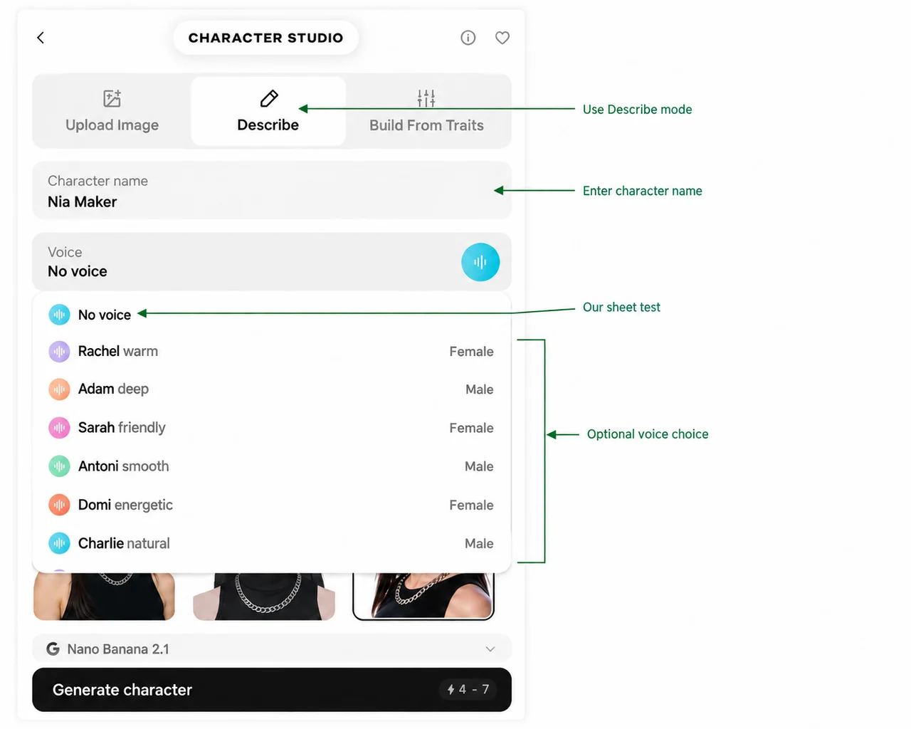 Small annotations mark No voice and the optional voice menu
