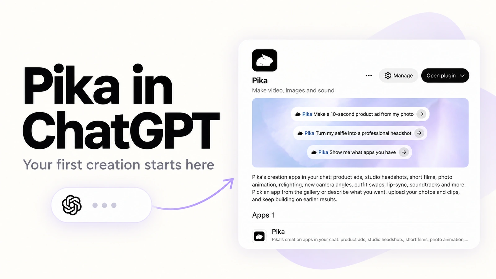 Pika in ChatGPT: connect your account, describe your idea and choose a creation app