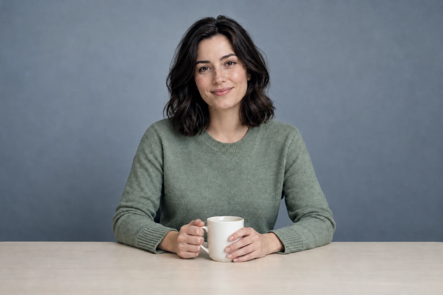 Portrait with cool grey background and muted green sweater