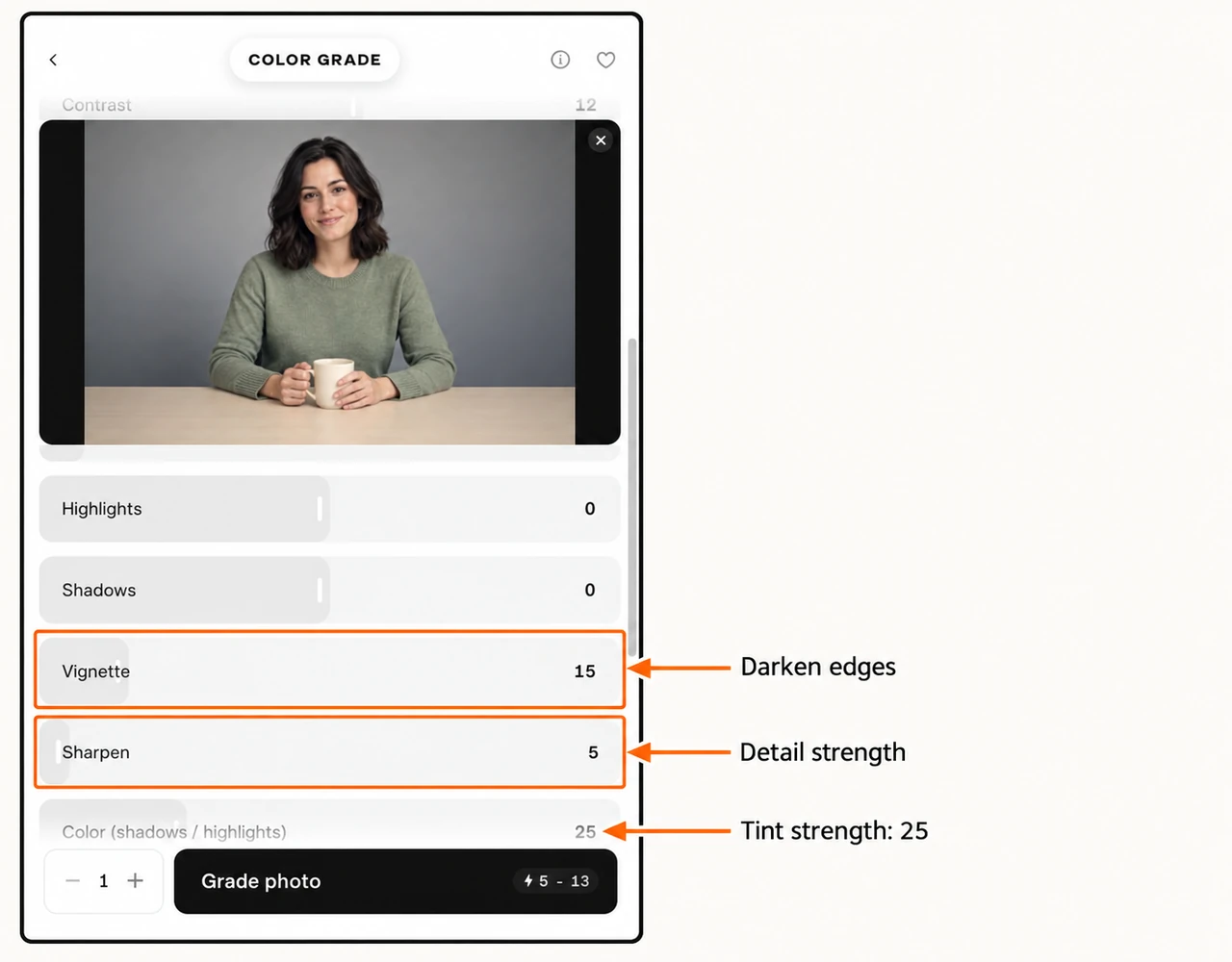 Annotated vignette sharpen and tint strength sliders