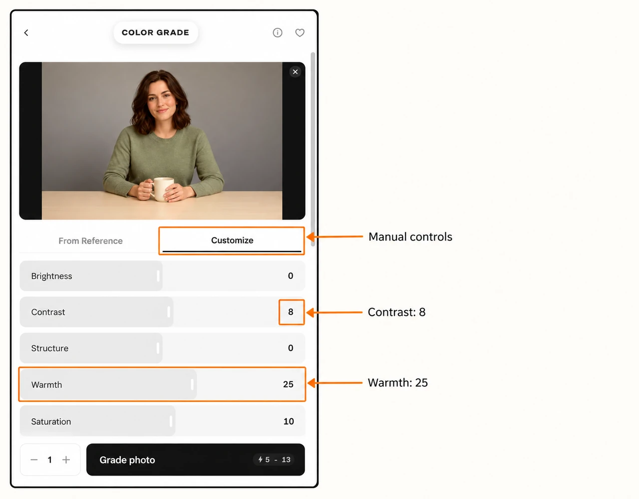 Annotated brightness contrast structure warmth and saturation controls