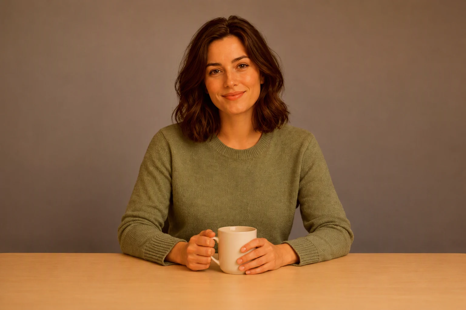 Portrait with strong warm orange cast across skin and desk