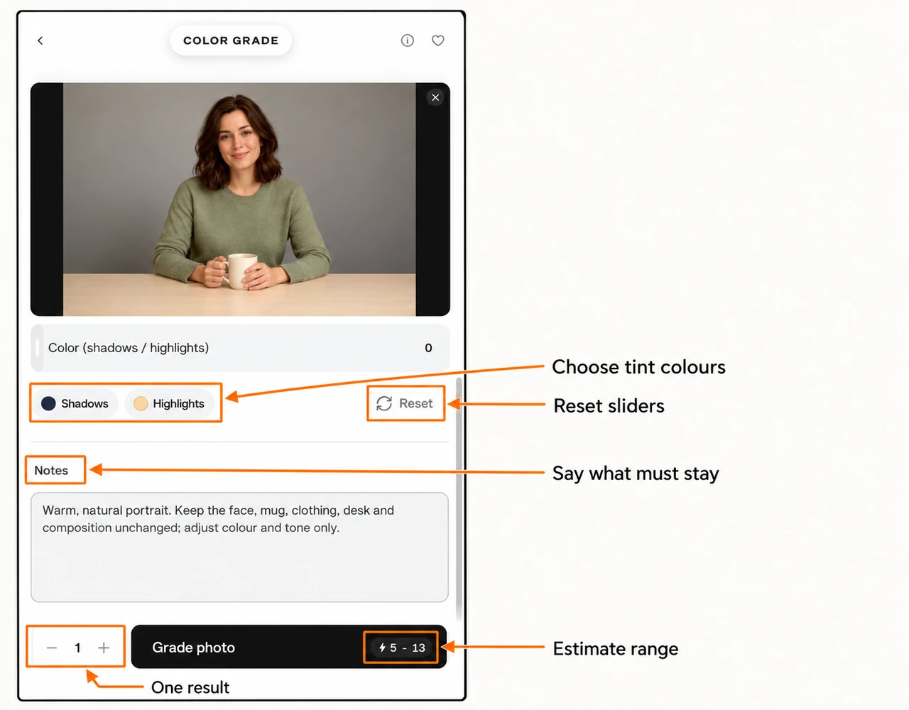 Annotated tint chips notes reset generation count and credit estimate