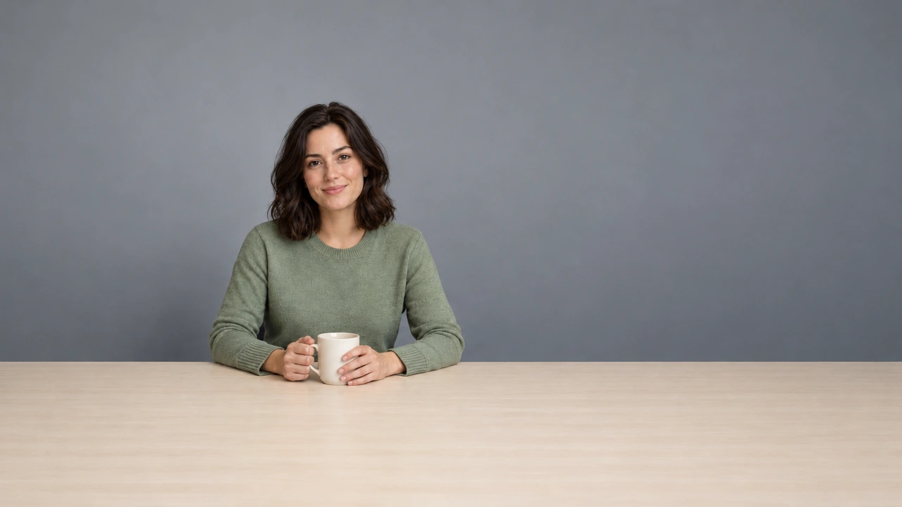 Portrait expanded to a wide grey studio scene