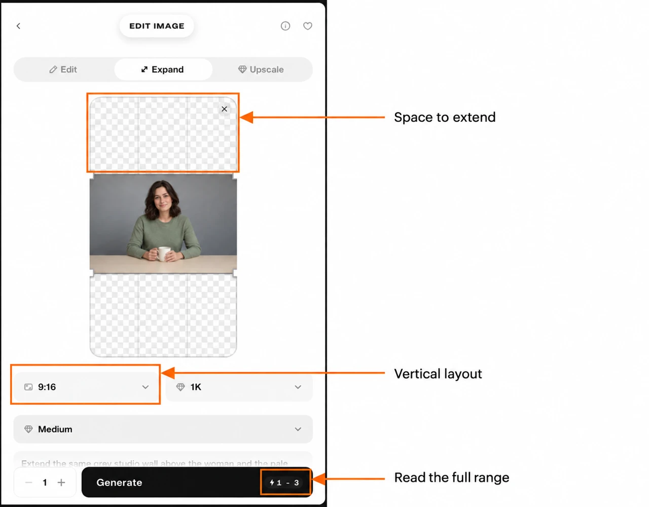Annotated Pika expand portrait settings controls