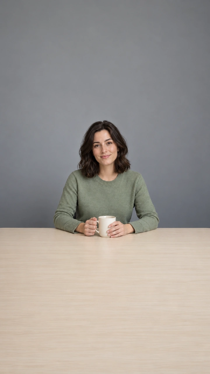 Portrait expanded vertically with grey wall and table