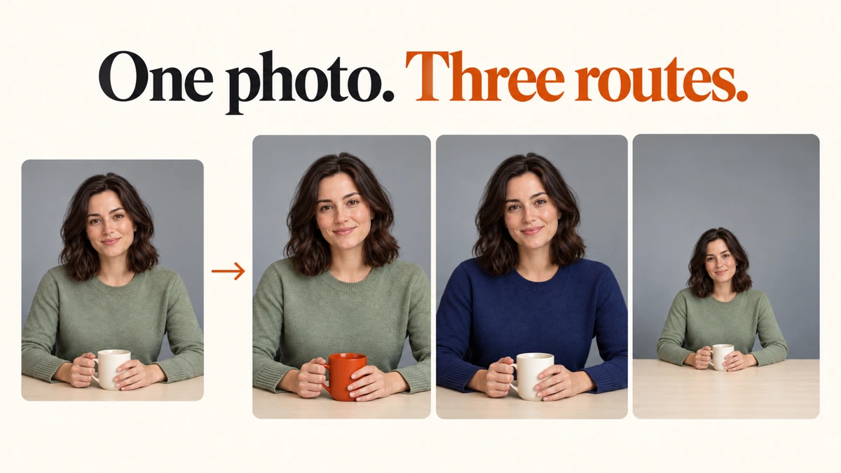 Original portrait leading to changed mug, navy sweater and wider composition under the hook One photo. Three options.