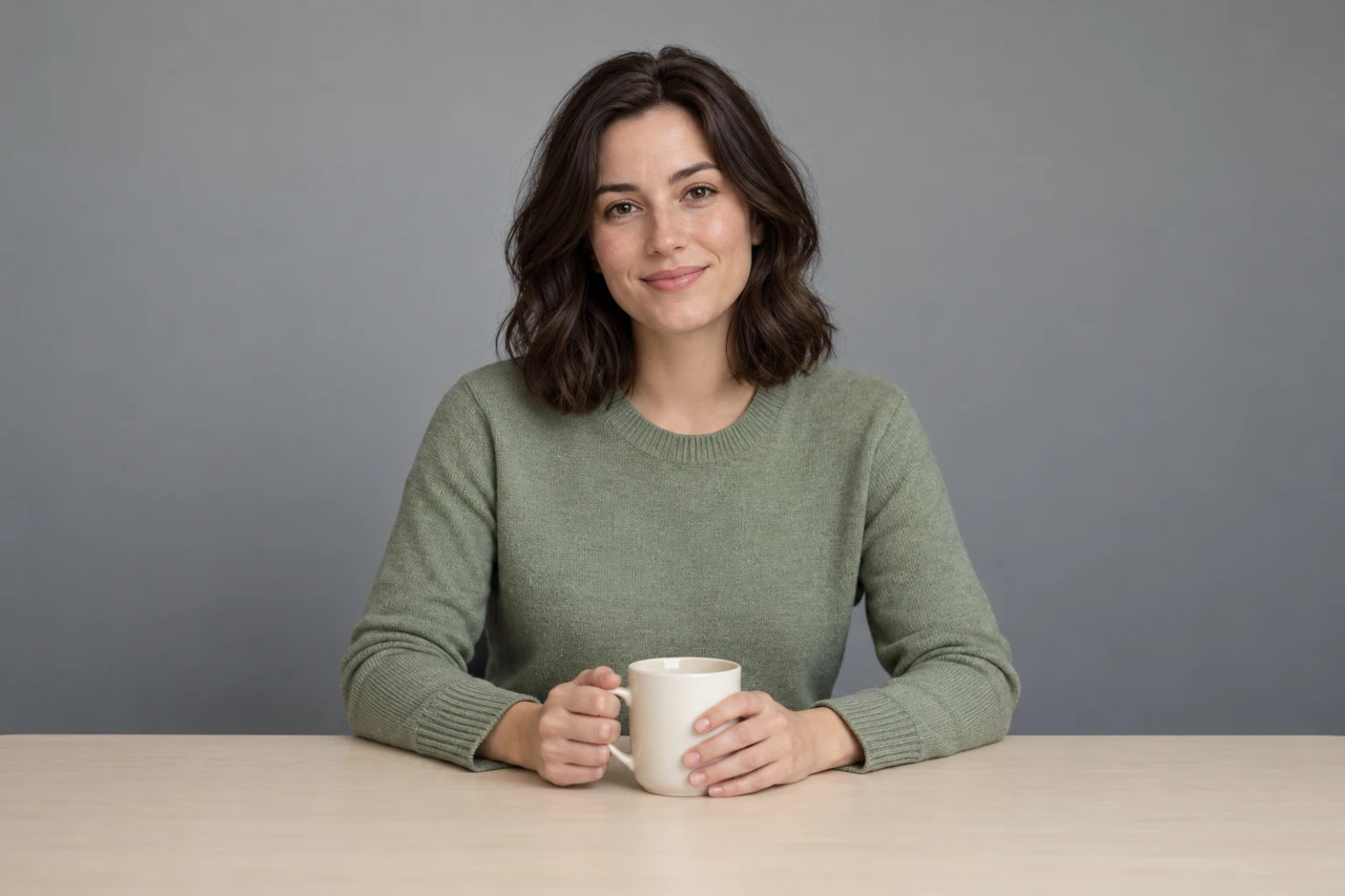 Original fictional adult portrait holding an ivory mug