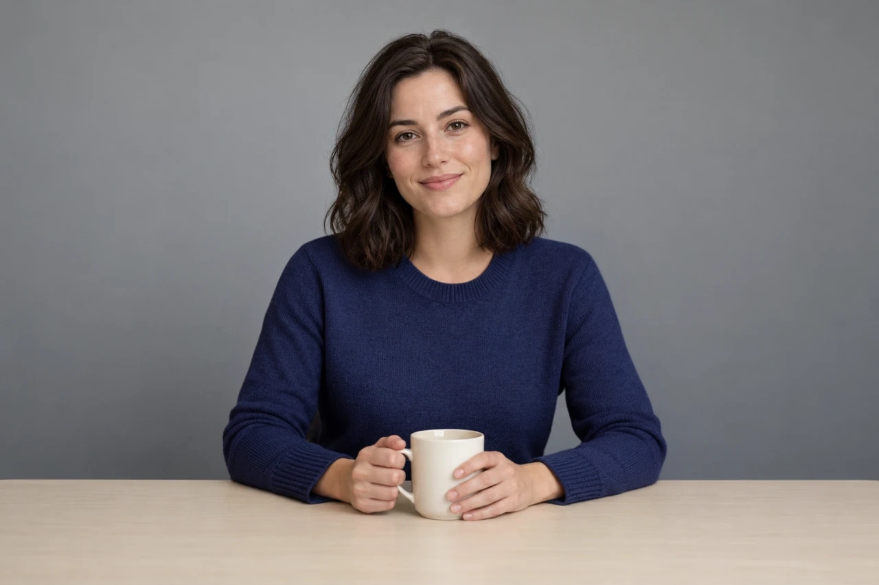 Portrait with the sweater changed to navy blue