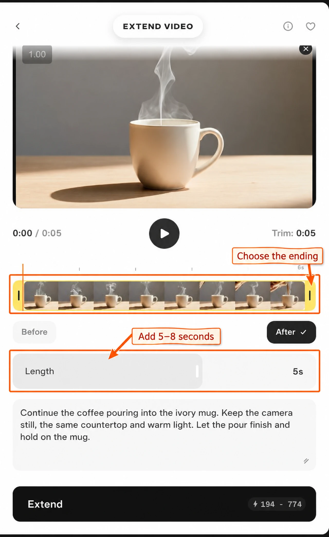 Mug source, trim timeline, After selection, five-second length and continuation prompt marked