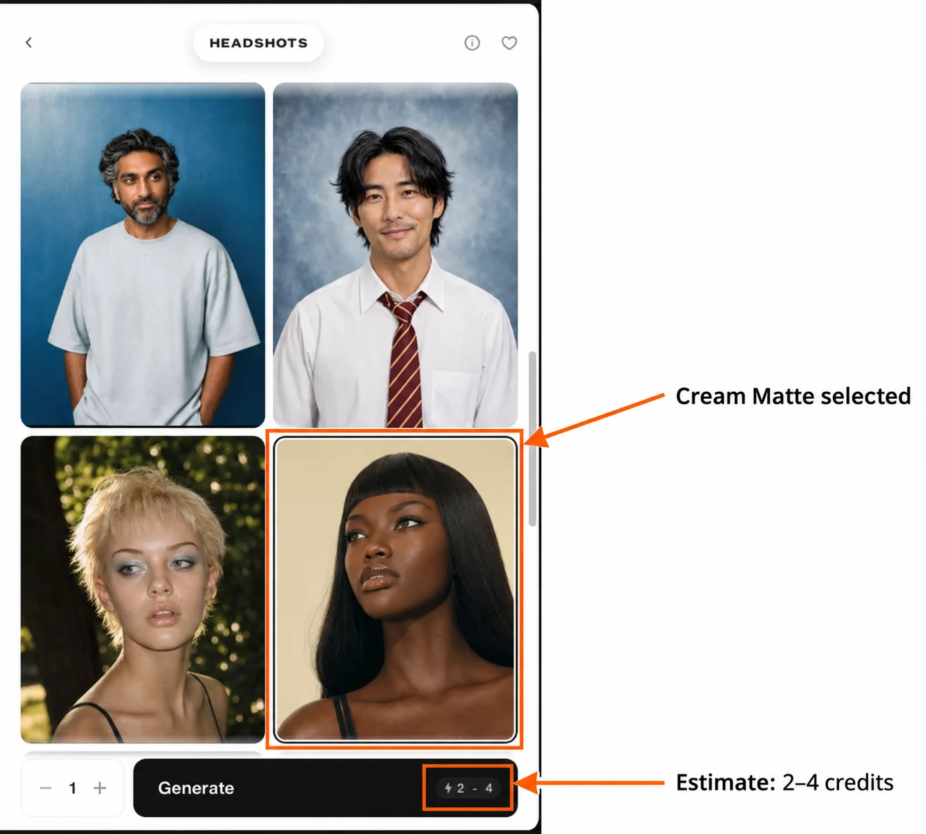 Selected Cream Matte template and credit estimate marked