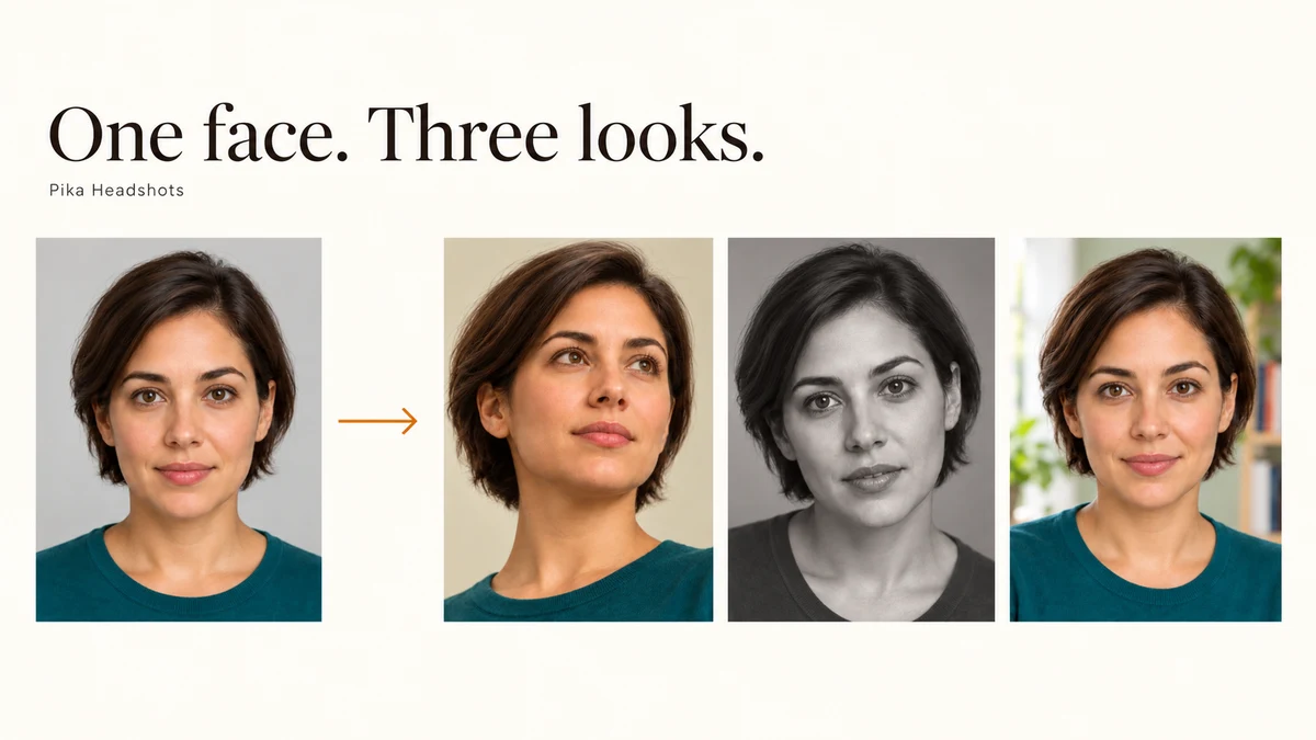 One portrait becomes three headshot styles with the hook One face. Three looks.