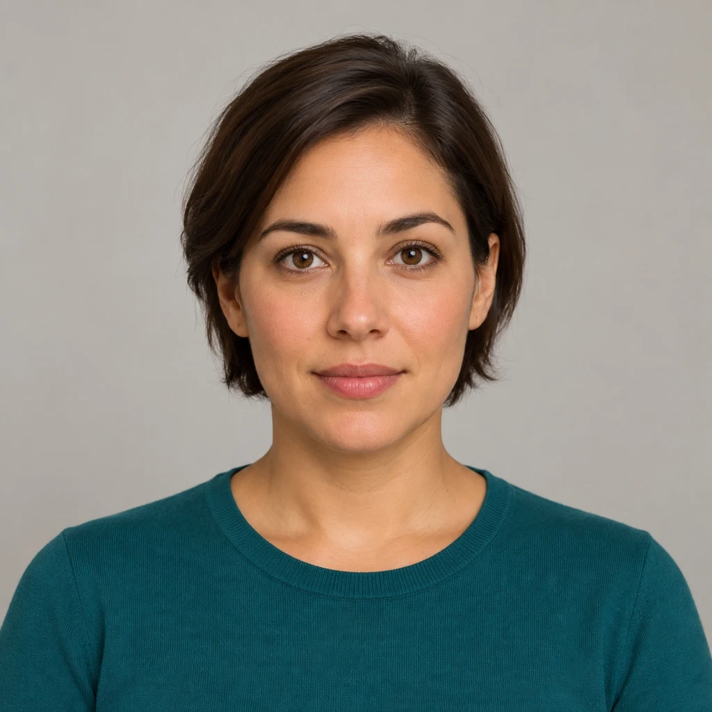 Fictional woman with short brown hair and a teal top